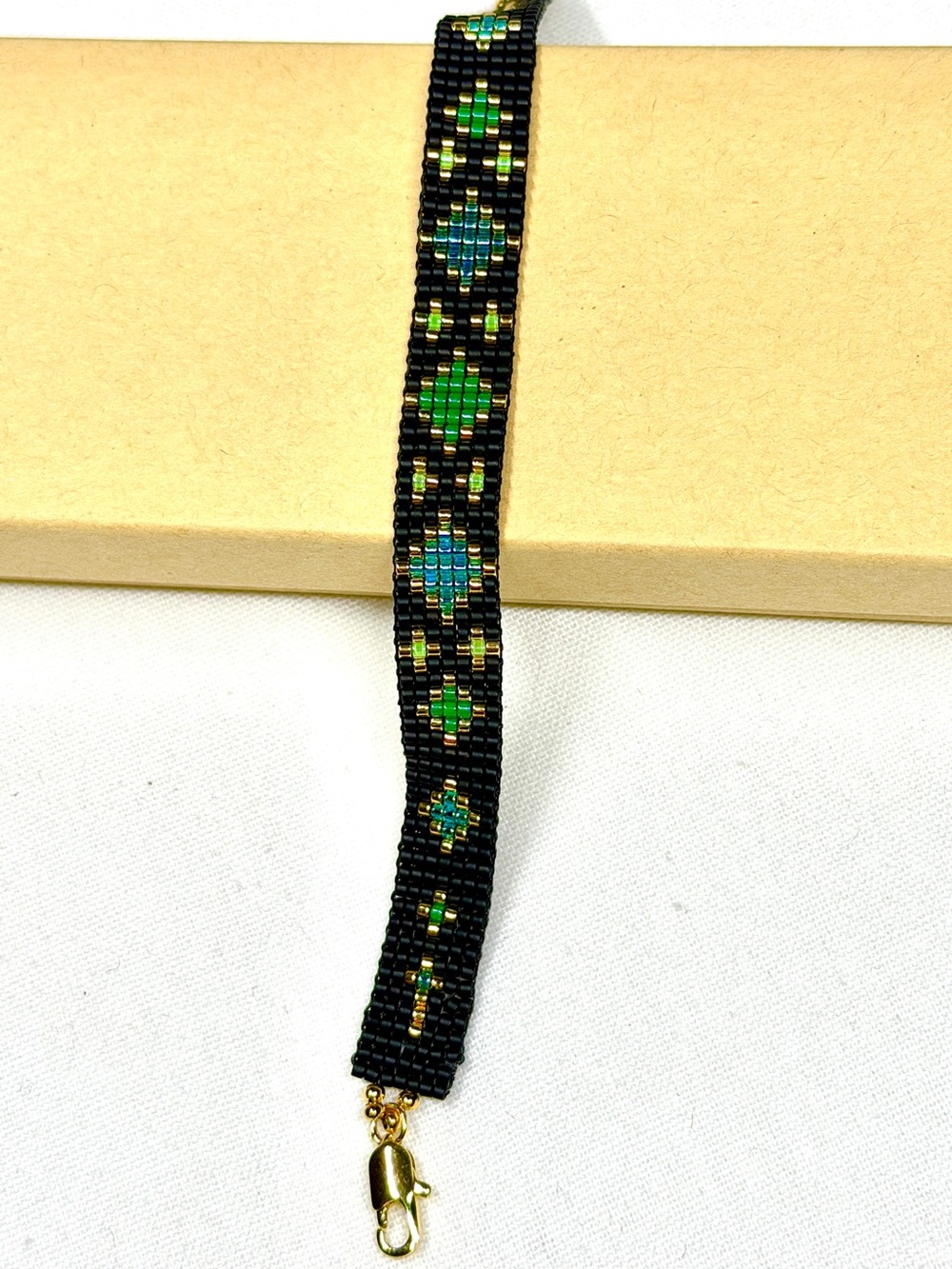 Black, Gold, Teal and Aqua Seed Beaded Bracelet / Handmade / Gold Plated - Picture 3 of 6